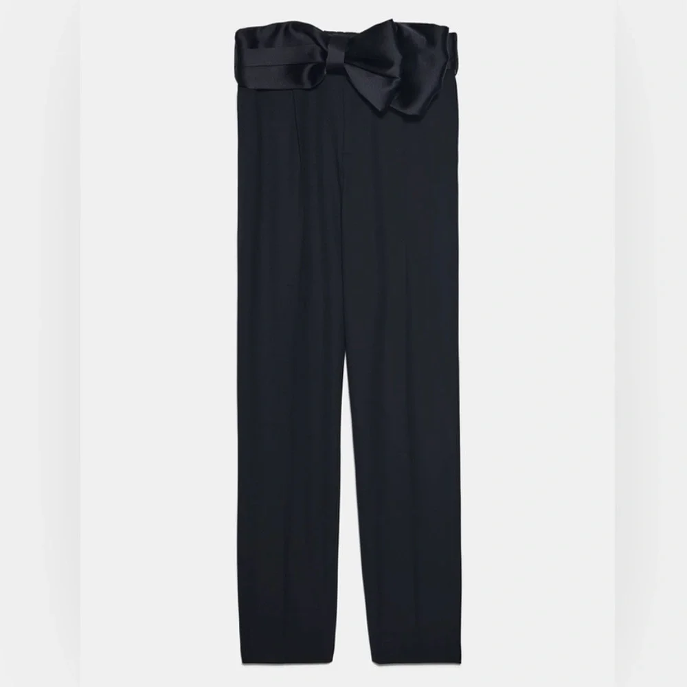 Zara Satin Bow Sash Belt Trousers Dress Pants Cocktail Black Size XL